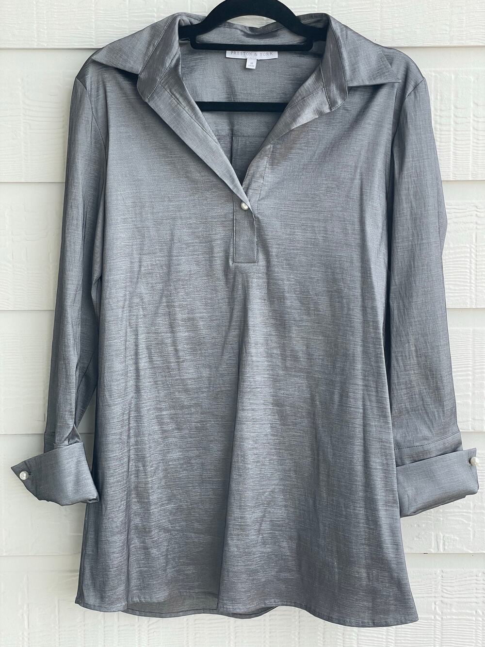 Preston & York grey taffeta Thea Blouse with Pearl accents. M